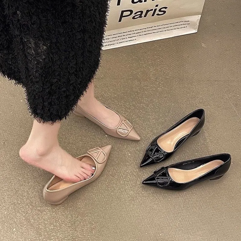 Breakj Breakj 5Cm Invisible Inside The High-Skin Temperament Pointed Side Button Single Shoe French Nude Color Single Shoe