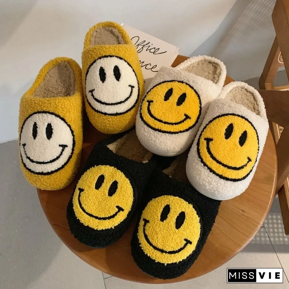Winter House Girls Fur Slippers Cute Smiley Pattern Women Fluffy Warm Bedroom Ladies