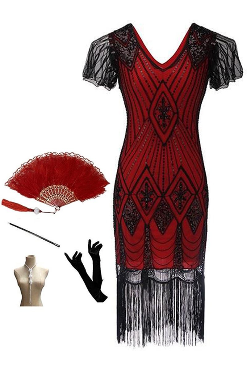 1920s Black Red Cocktail Party Sequin Fringe V Neck Accessories Set Midi Dress