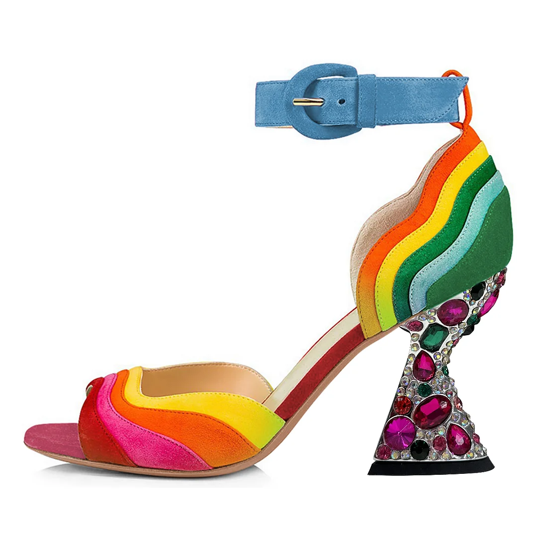 Eye-Catching Colorful Round Toe Buckle Ankle Strap Heel Sandals