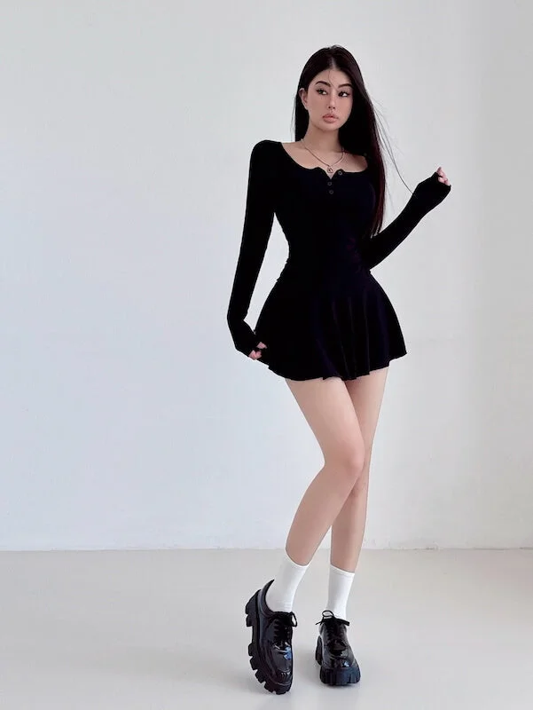 Spicy Girl Square Neck Button Dress with Shorts