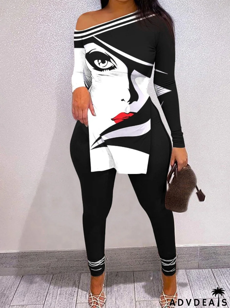 Women Casual Character Print Long Sleeve T-Shirt And Pant Two-Piece Set