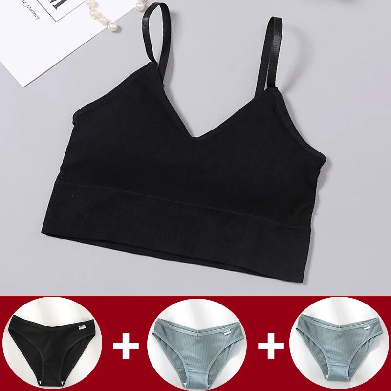 Tank Crop Top Bra + 3PCS Panties Set Fashion Solid Color Bra Set for Women Intimates Underwear Female Lingerie Casual Bralette