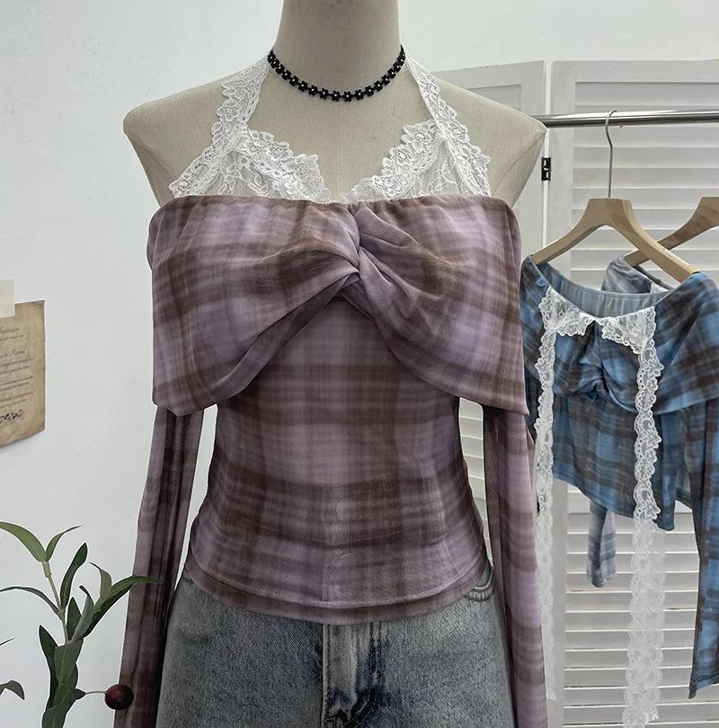 Zingj Lace Hanging Neck Shoulder Mesh Yarn Long-Sleeved Top Design Y2k Short Repair T-Shirt 8070