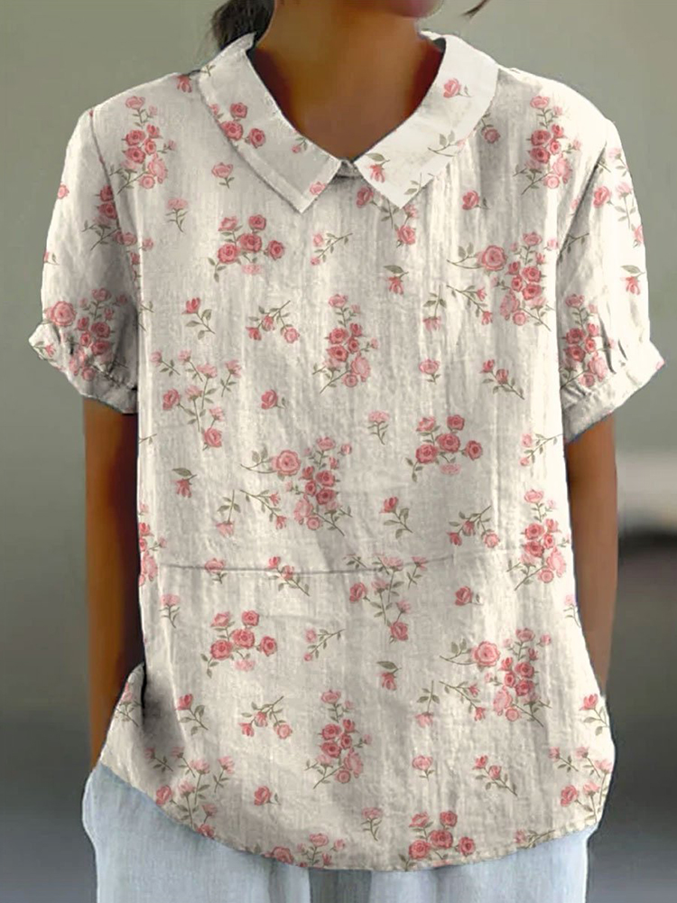 Comstylish Vintage Floral Print Lapel Short Sleeve Blouse