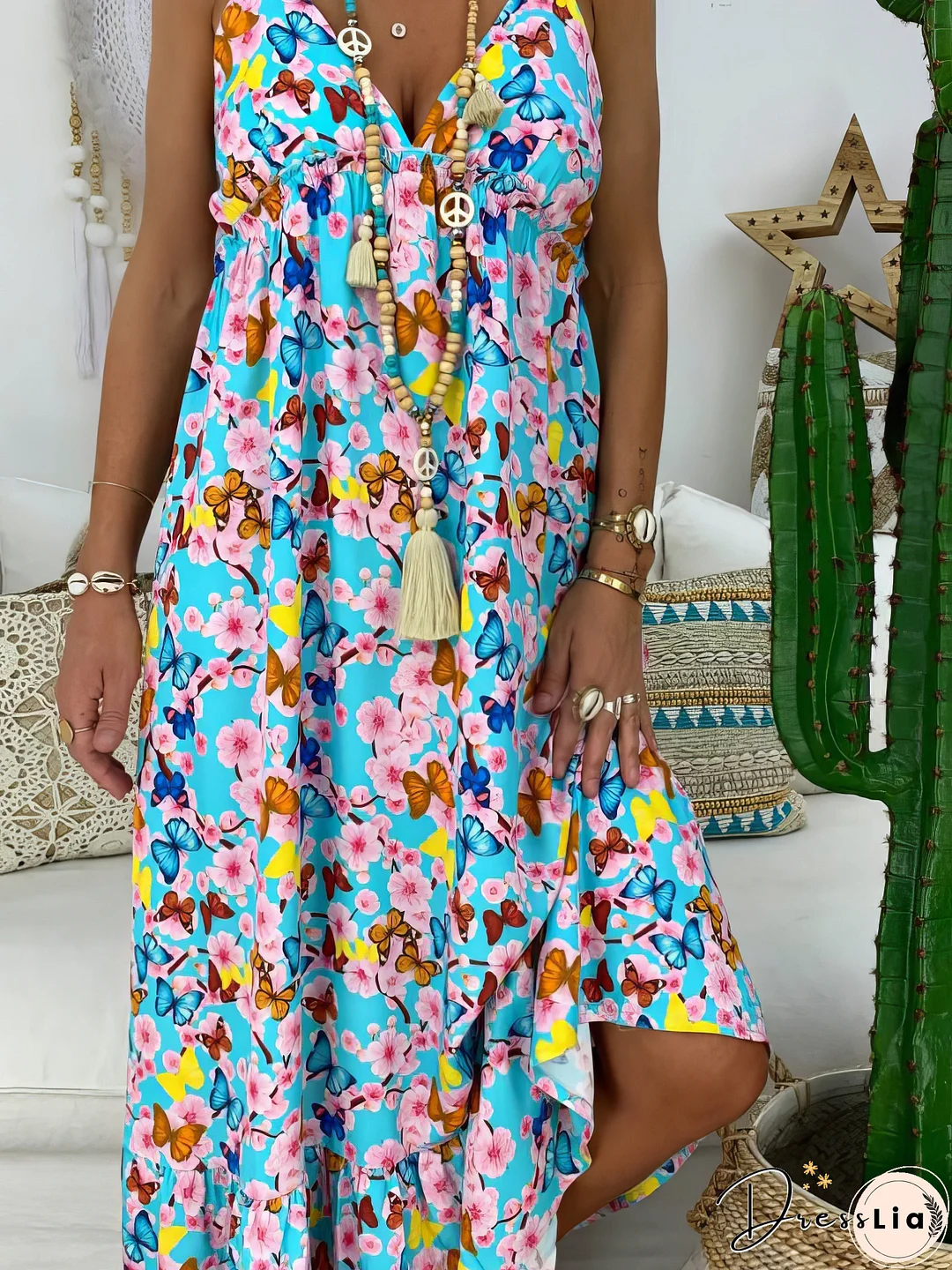 Printed Sling V-Neck Maxi Dress