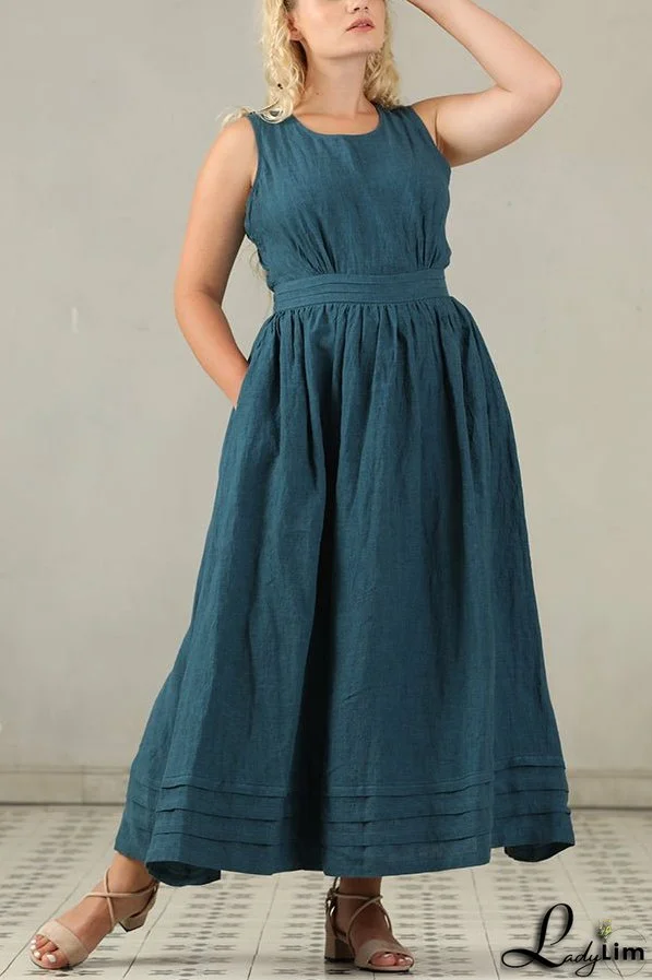 Cross Back O Neck Maxi Linen Dress