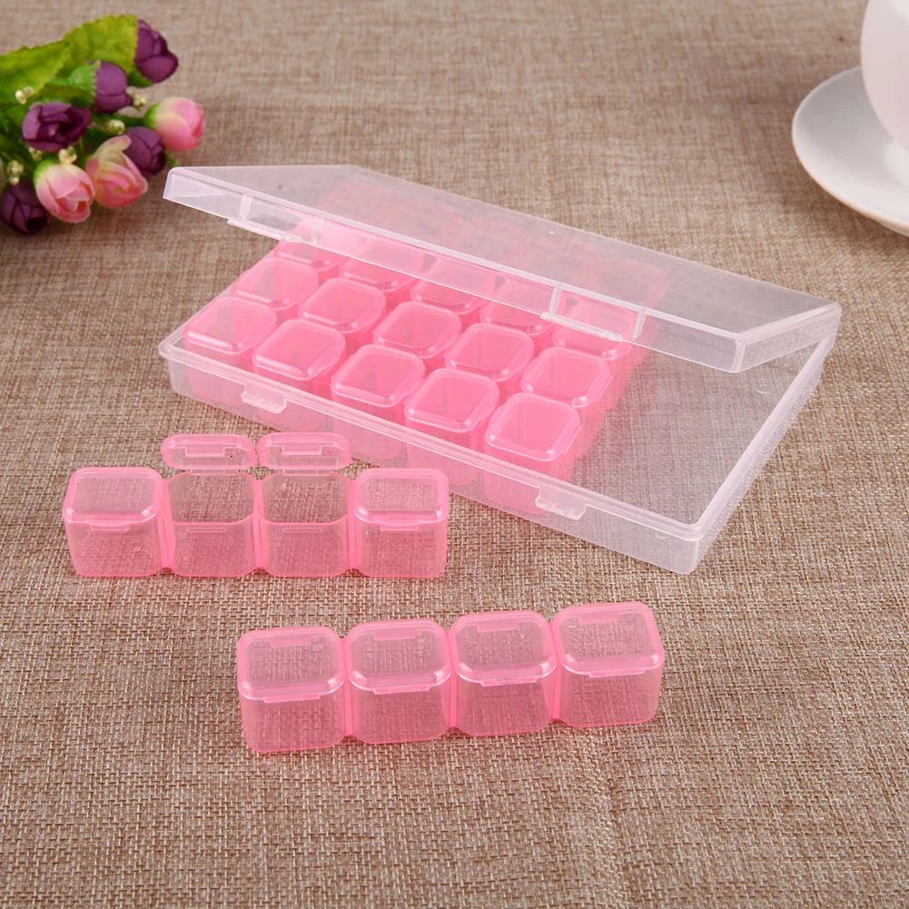 28 Grids Plastic Storage Box Nail Rhinestone Jewelry Display Case(Pink)