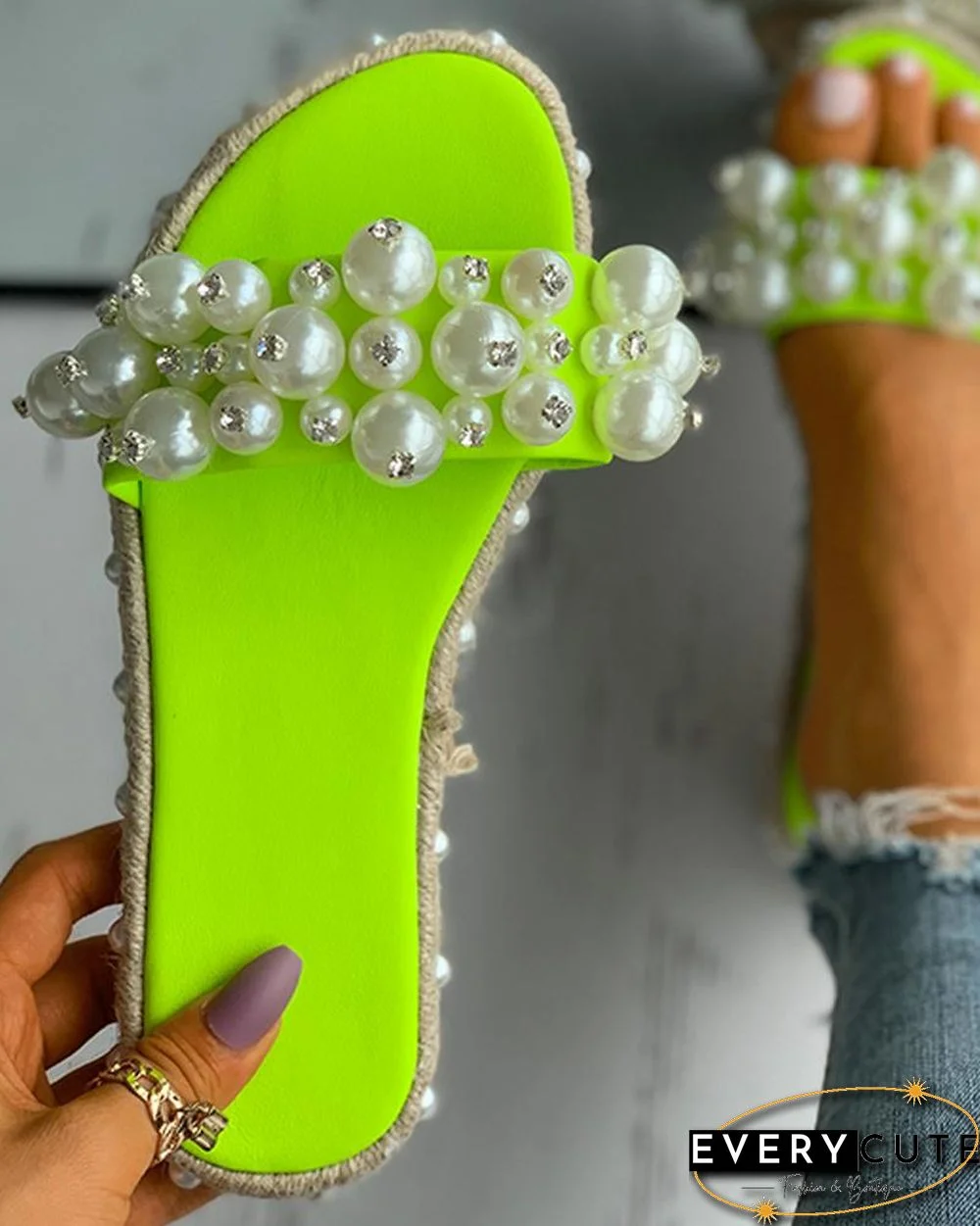 Studded Decor Faux Pearl Slippers