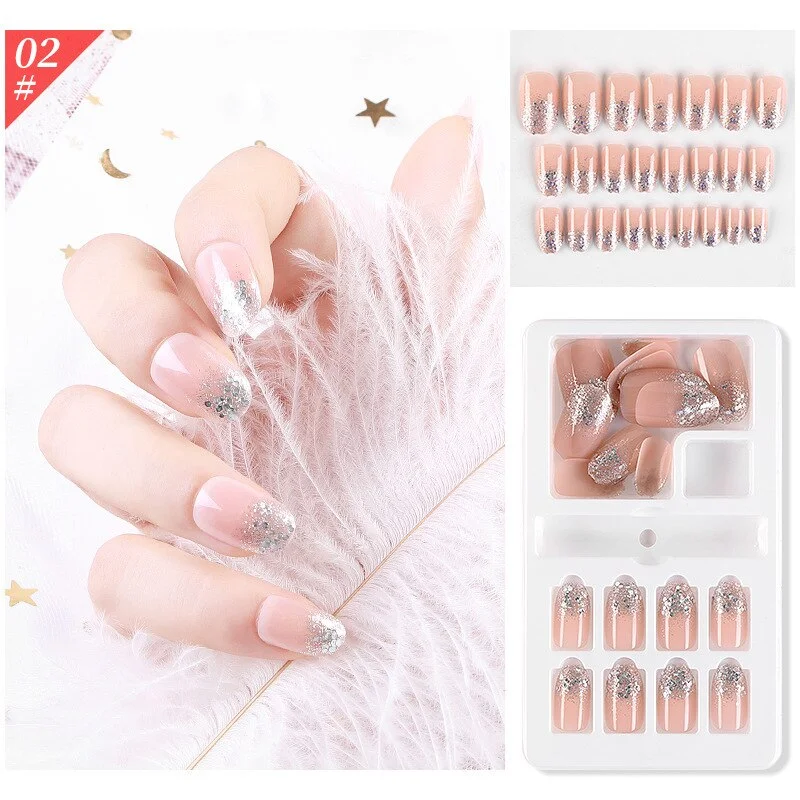 Fake Nails Art Tips Press on False with Glue Coffin Stick Designs Clear Display Set Full Cover Artificial Short Square Kiss Box
