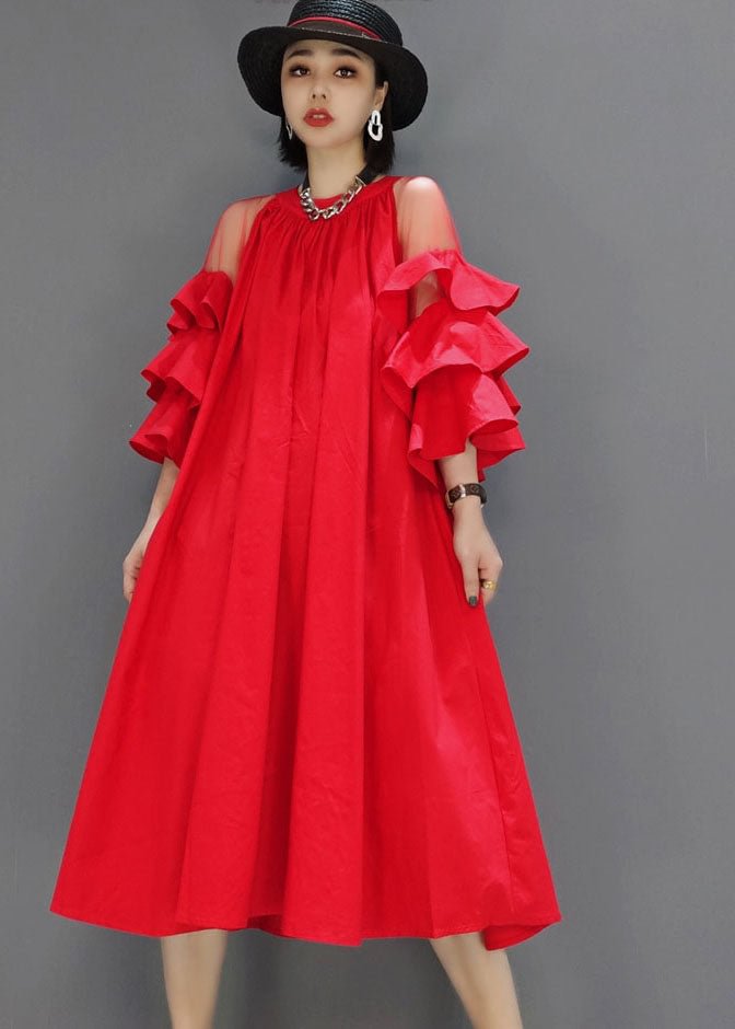 Modern Red wrinkled tulle Patchwork a line skirts Butterfly Sleeve CK2583- Fabulory