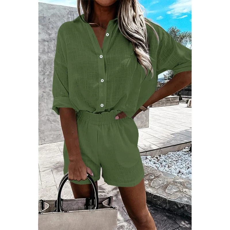 Summer Women Sets Celmia Lightweight Lapel Long Sleeve Shirt and Pleats Elastic Waist Short Suits Casual Cotton 2 PCS Short Sets