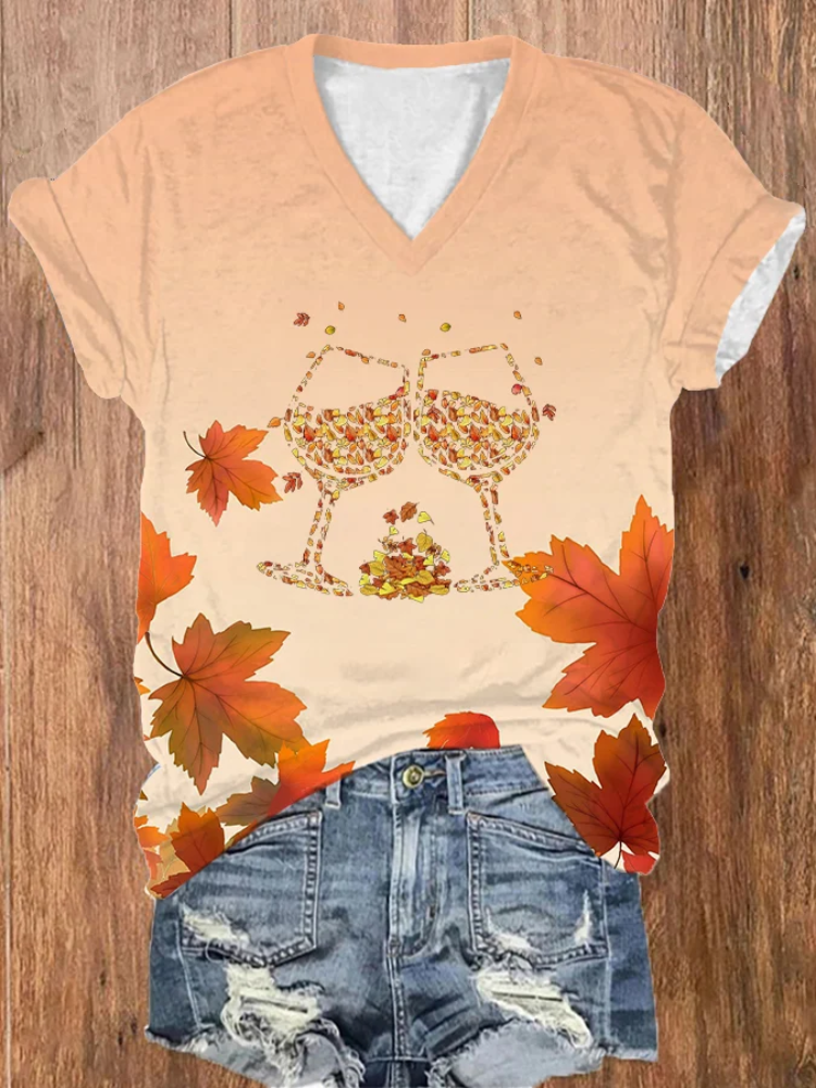 Women's Maple Leaf and Wineglass Casual T-Shirt