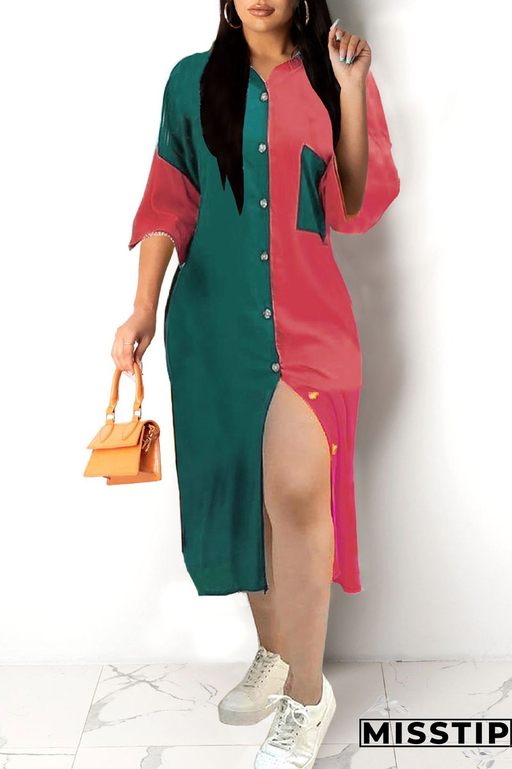 Deep Blue Casual Print Patchwork Turndown Collar Tops