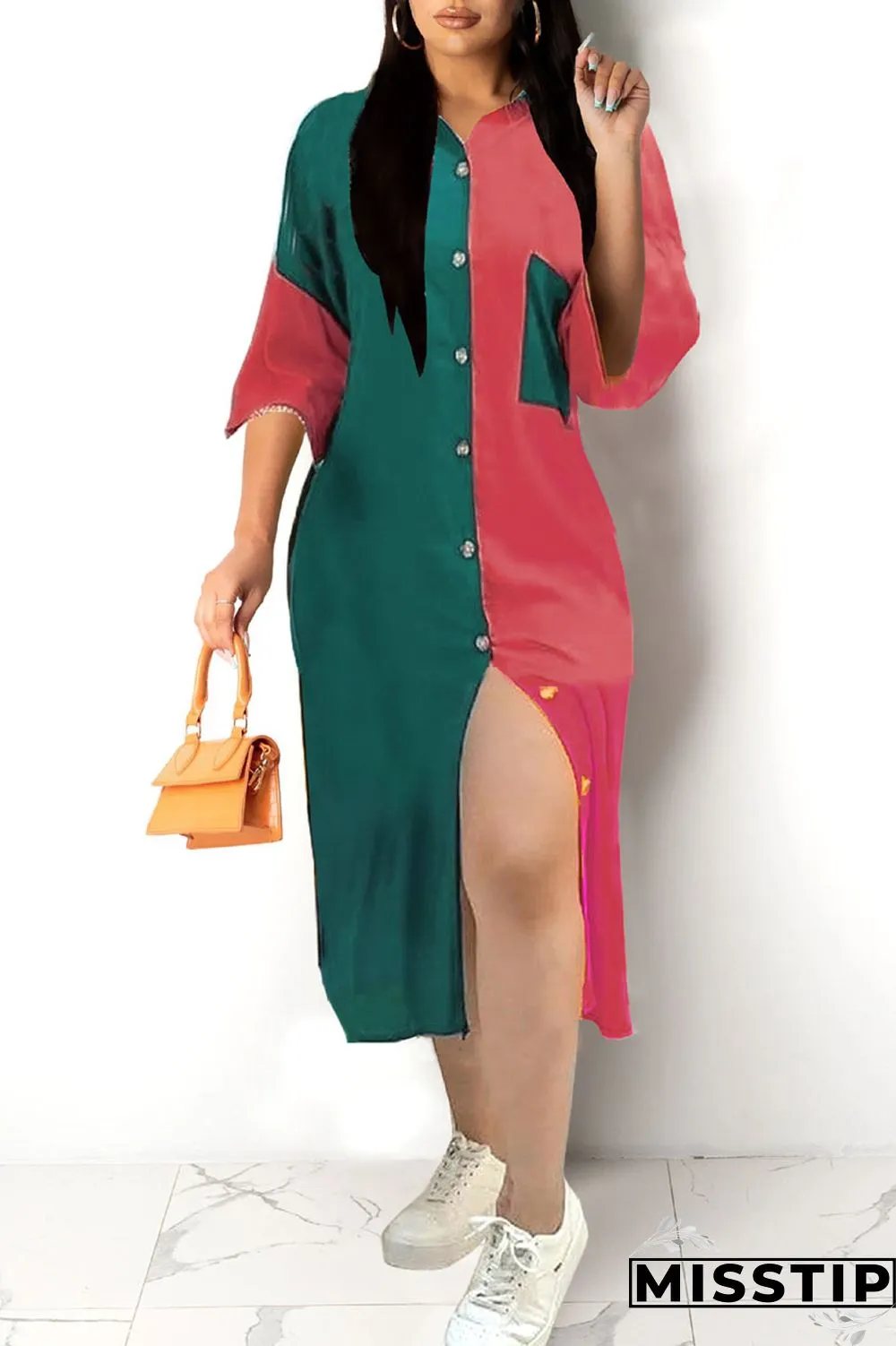 Deep Blue Casual Print Patchwork Turndown Collar Tops