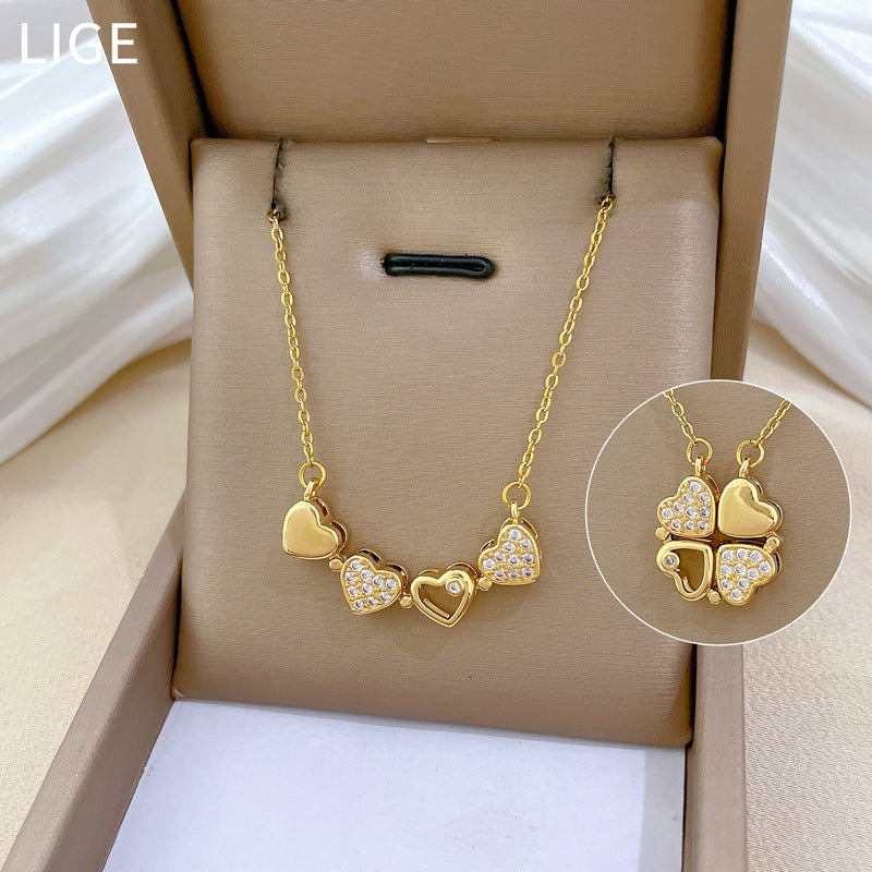Women’S Necklace Two-Piece Heart-To-Heart Opening And Closing Four-Leaf Flower Full Diamond All-Match Clavicle Chain Titanium Steel