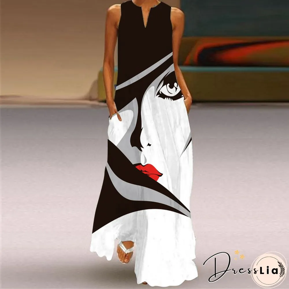 New Fashion Print Summer Dress Casual Sexy Boho Beach Women Party V-neck Sleeveless Pocket