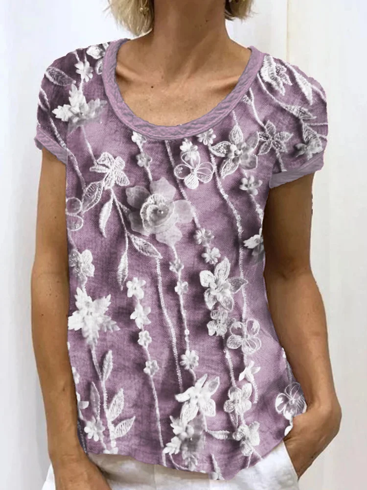 3D Floral Vines Lace Linen Blend Tunic
