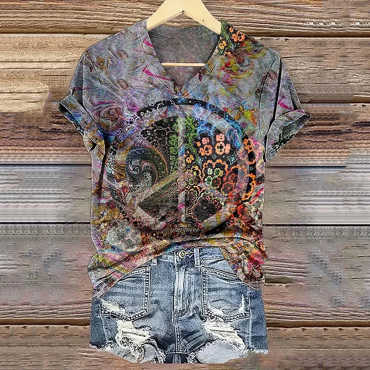 Women's Hippy Art Print V-neck Casual T-shirt