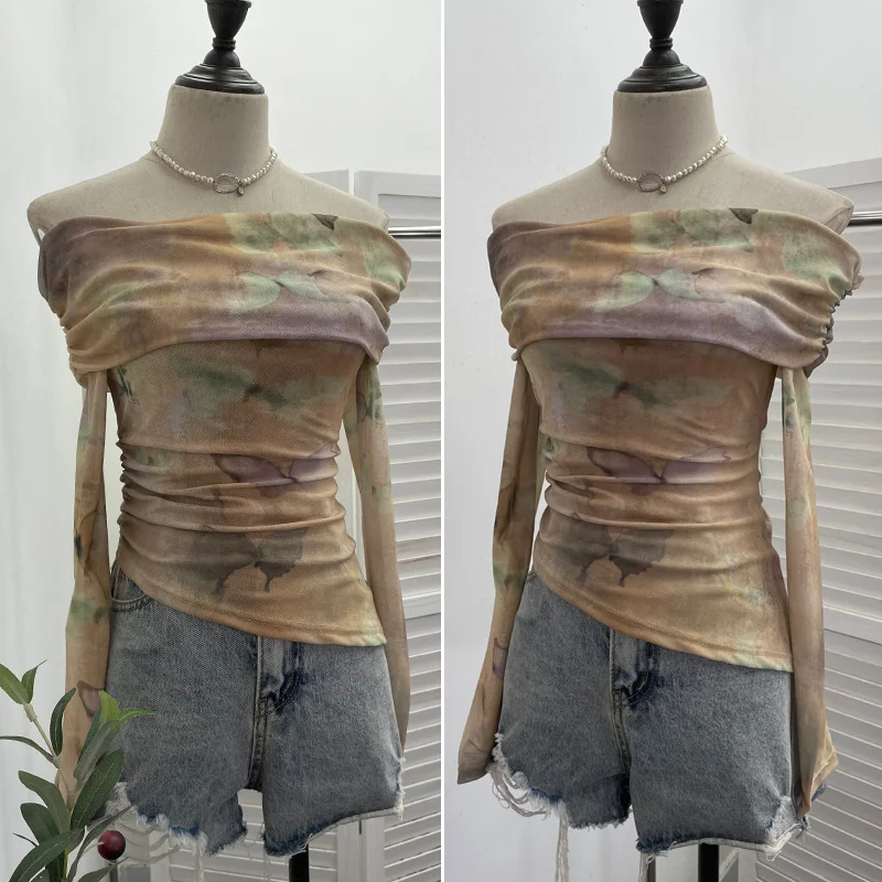 Uveng Real Shooting Design Dizzling A Word On The Shoulder Of The Women's Net Exposed Shoulder Long Sleeves Irregularly Folded Short T-Shirt 1198