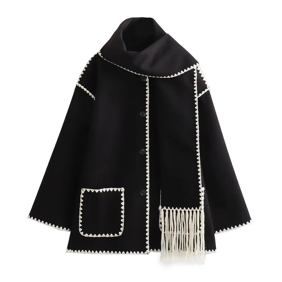 Toloer 2024 Autumn / Winter New Women's Street Fashion Scarf Patchwork Woolen Coat W063 2788-Outfit Ideas