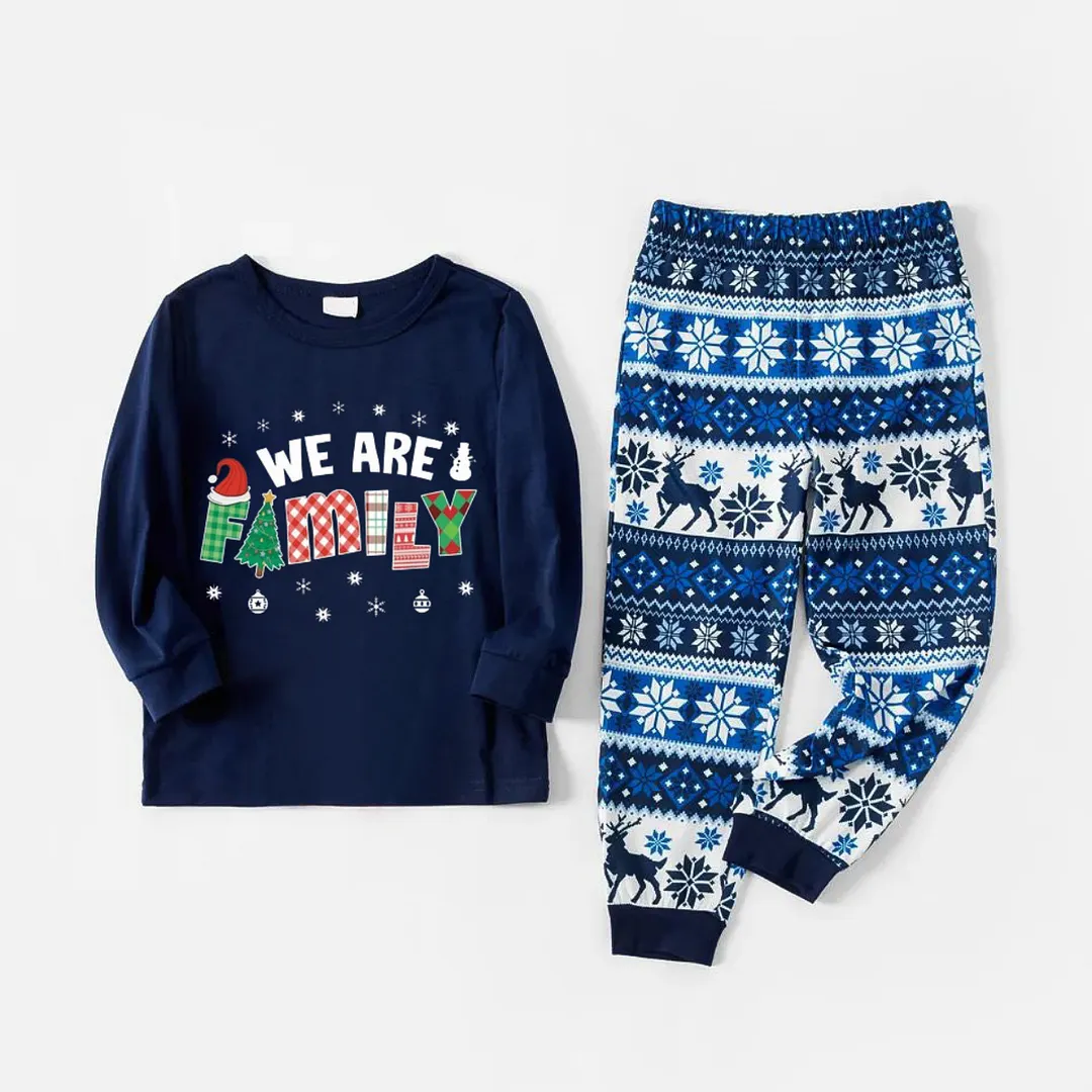 Cute We are Family Print Blue Family Christmas Matching Pajamas