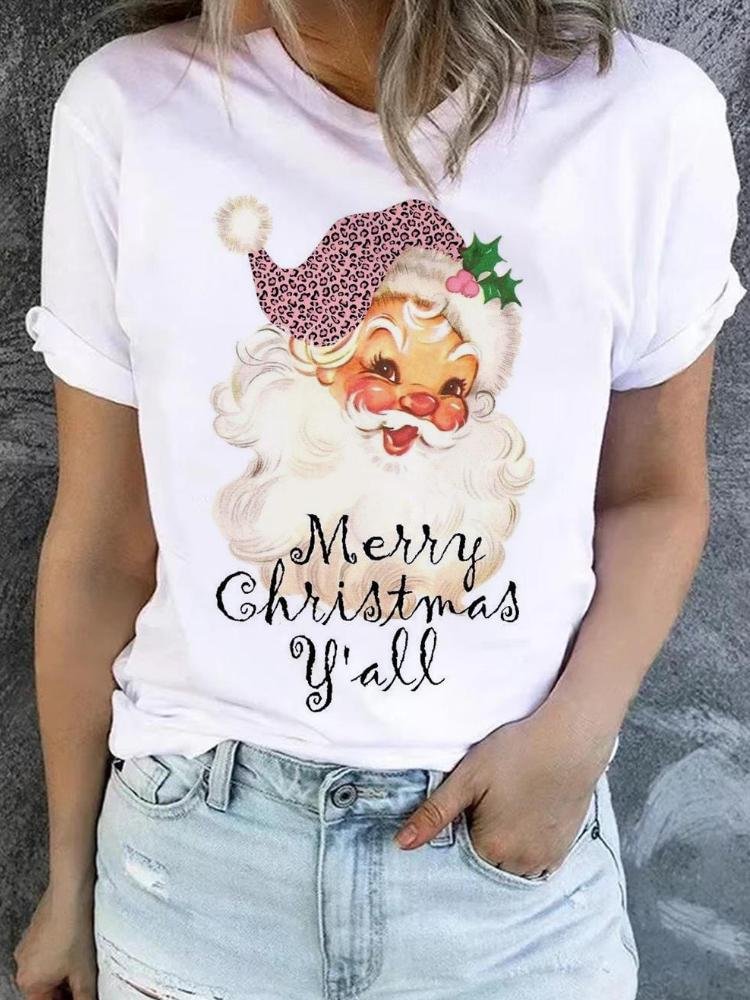 Women's Pink Santa Claus Letter Short Sleeve T-Shirt
