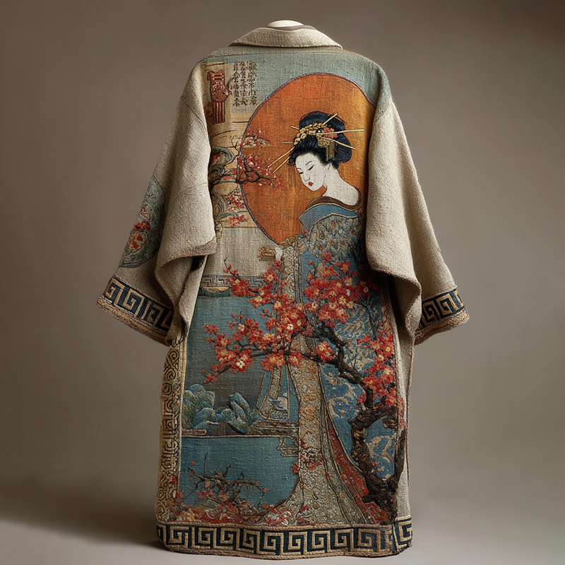 Vintage Japanese Elegant Japanese Geisha With Cherry Blossom Art Linen-blend Long Kimono elevenforest