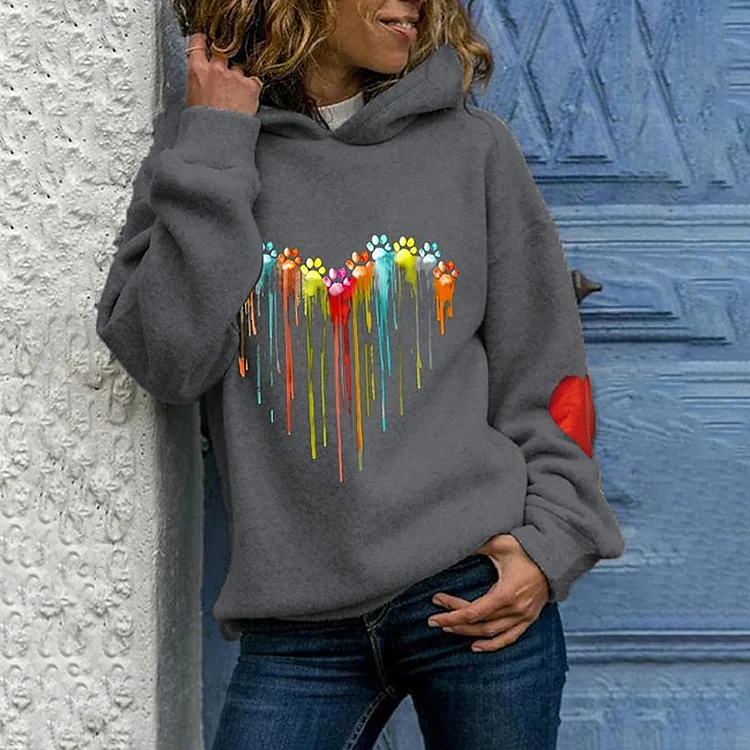 Casual Dog Paw Heart Print Hoodie