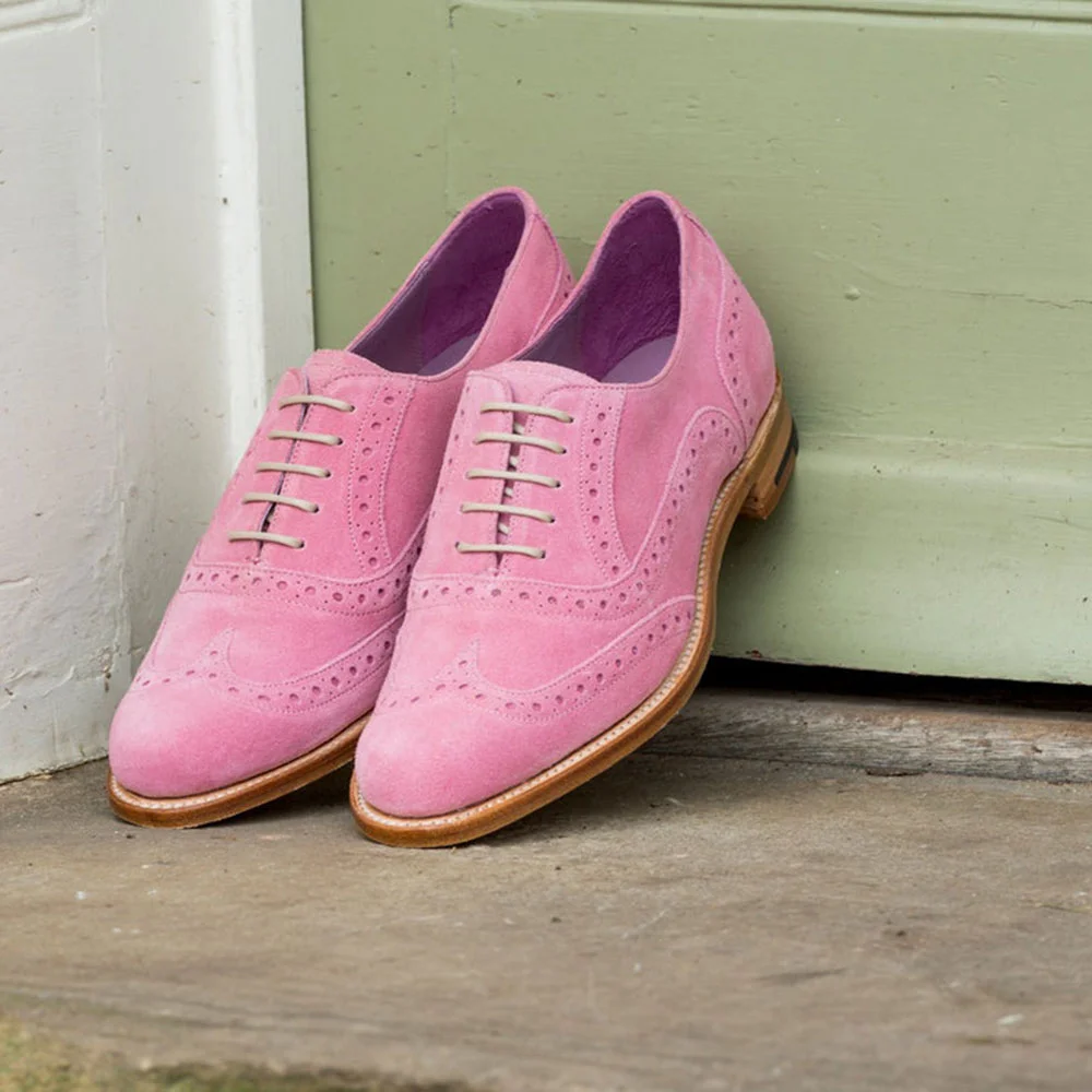 Classic Pink Vegan Suede Round Toe Punched Flat Wingtip Shoes