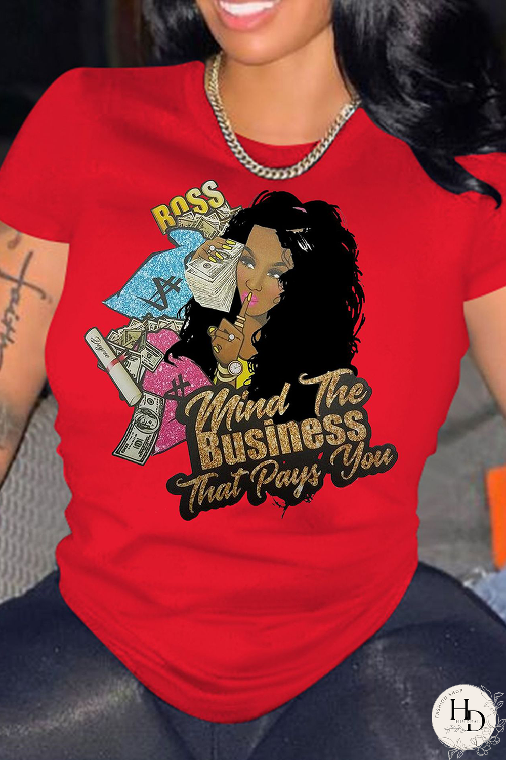 Tangerine Red Casual Print Split Joint O Neck T-Shirts