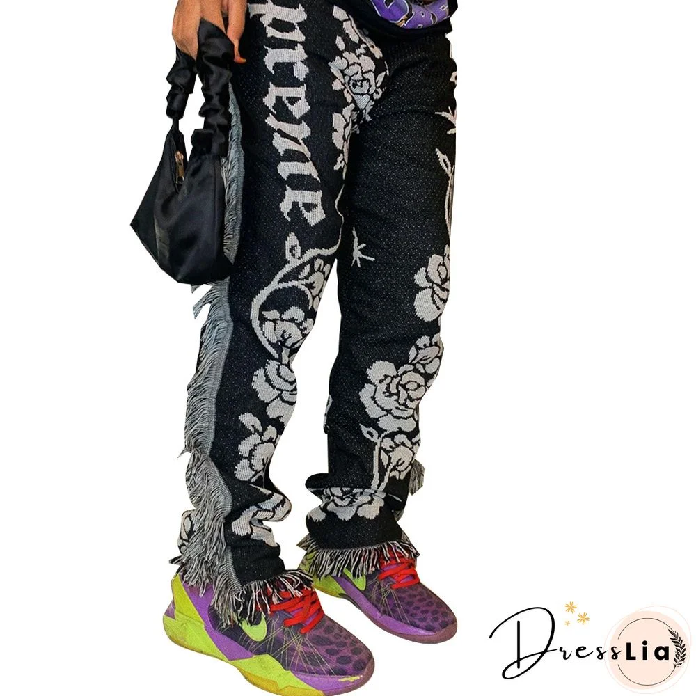 Side Tassels Patchwork Elastic Waist Women Print Jogger Pant