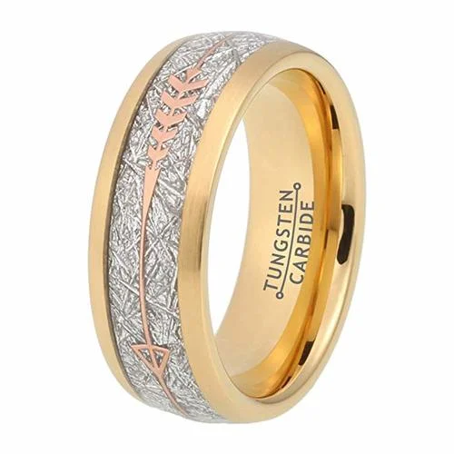 Women's Or Men's Tungsten Carbide Wedding Band Matching Rings,Plated Yellow Gold Tone Cupid's Arrow Ring with Inspired Meteorite Inlay,Tungsten Carbide Domed Top Ring With Mens And Womens Rings For 4MM 6MM 8MM 10MM