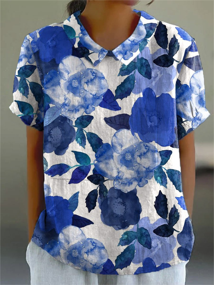Women's Vintage Floral Art Print Casual Cotton And Linen Shirt