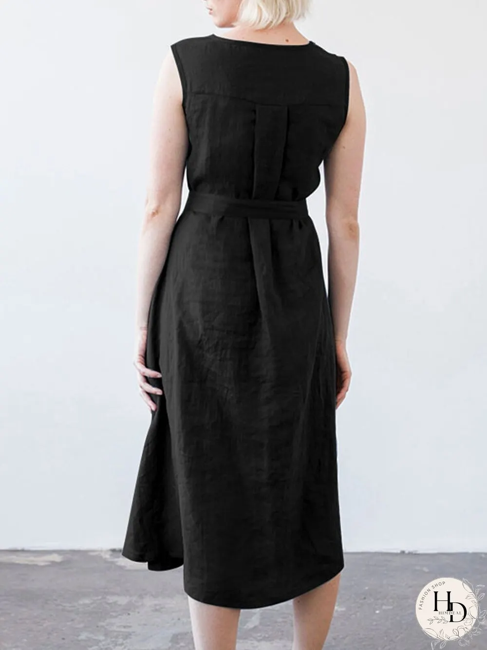 Solid Sleeveless Pocket Crew Neck Dress with Belt
