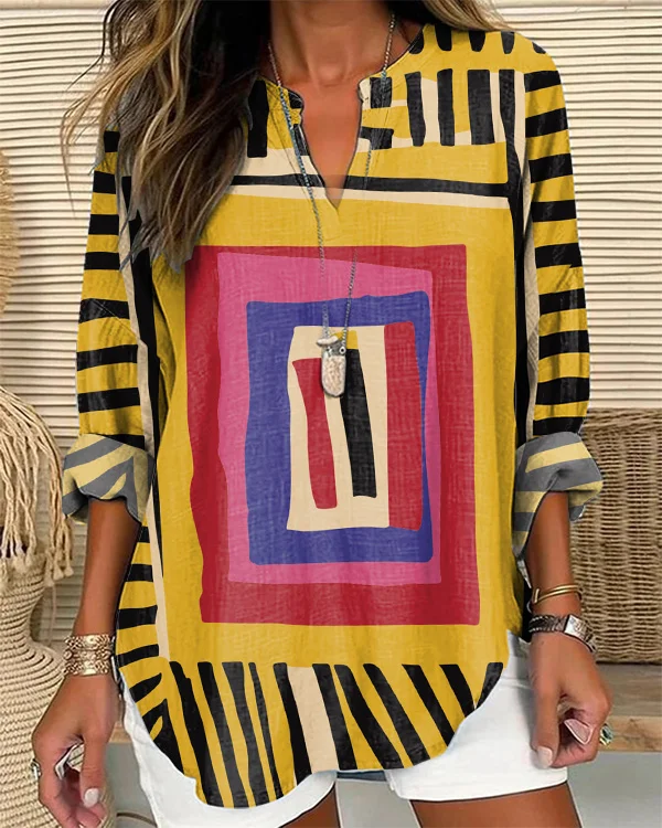 Retro Abstract Painting Art Print Loose V-Neck Long Sleeve Top