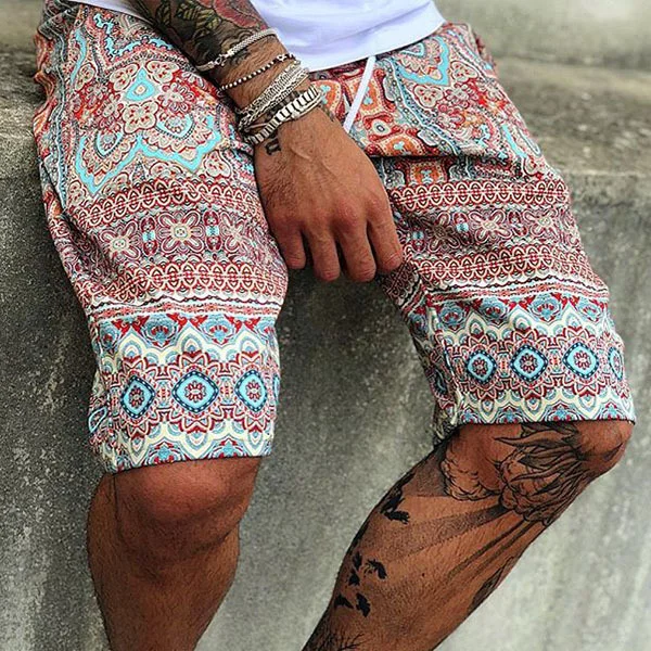 Men's Vintage Allover Ethnic Pattern Drawstring Casual Shorts