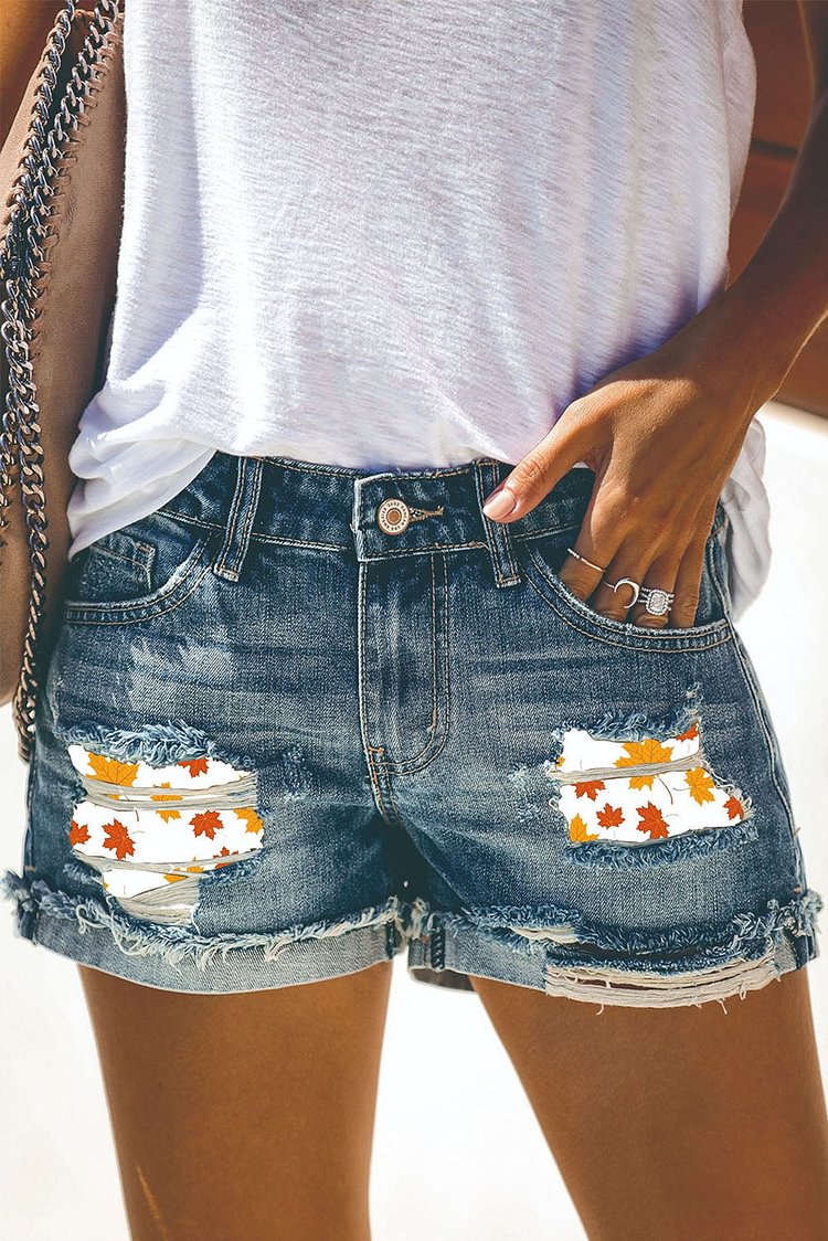 Maple Leaves Print Cutout Mid Waist Straight Denim Shorts