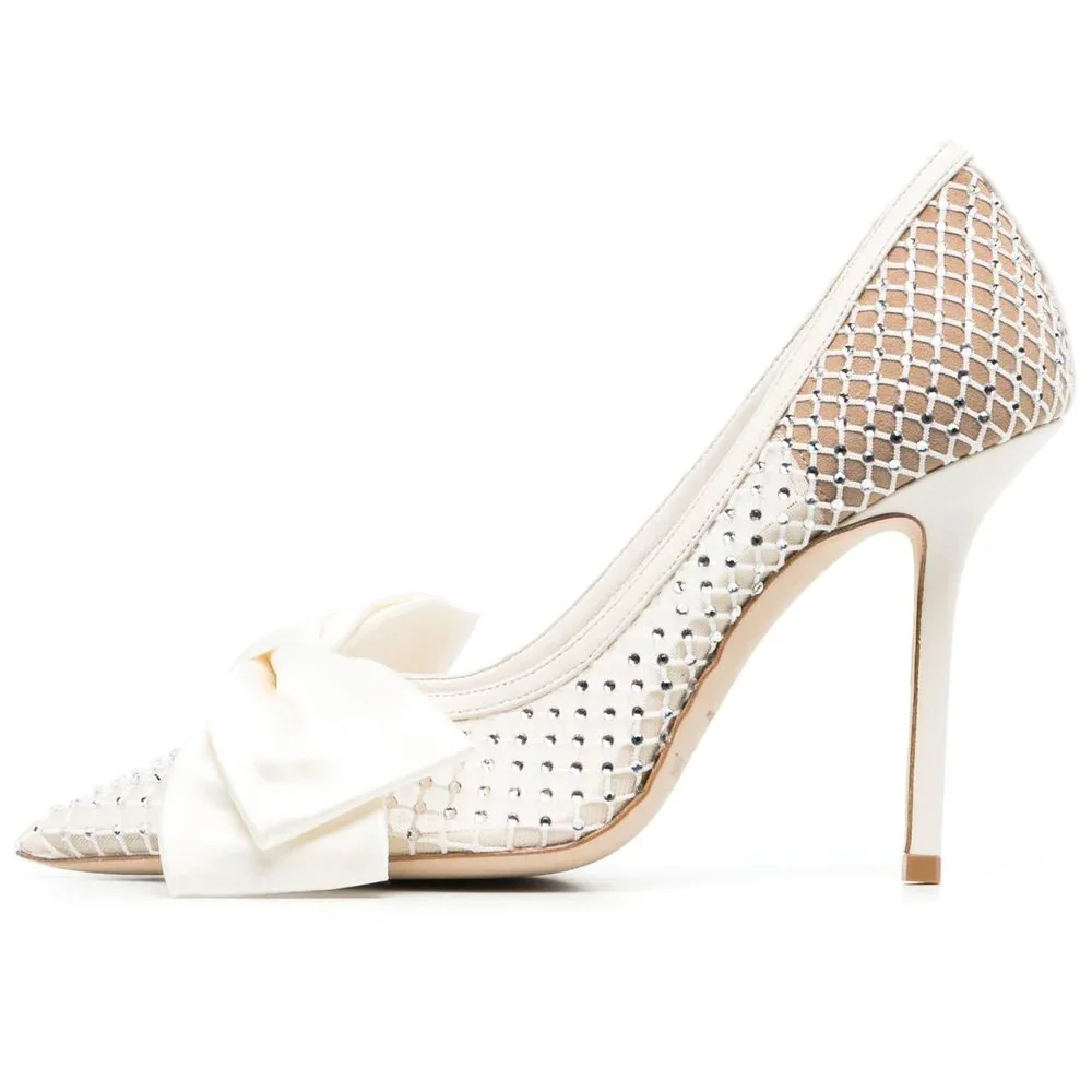 White Pointed Toe Mesh Pumps Bow Decor Stiletto Heels White Wedding heels Nicepairs