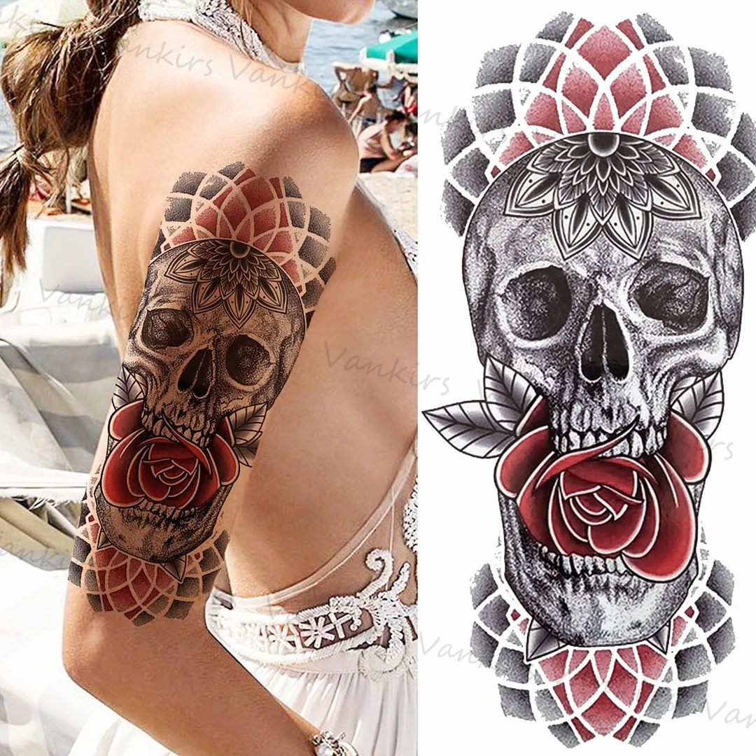 Sdrawing Skeleton Snake Flower Temporary Tattoos For Women Girls Realistic Snake Wolf Tribal Fake Tattoo Sticker Arm Waist Tatoo 3D