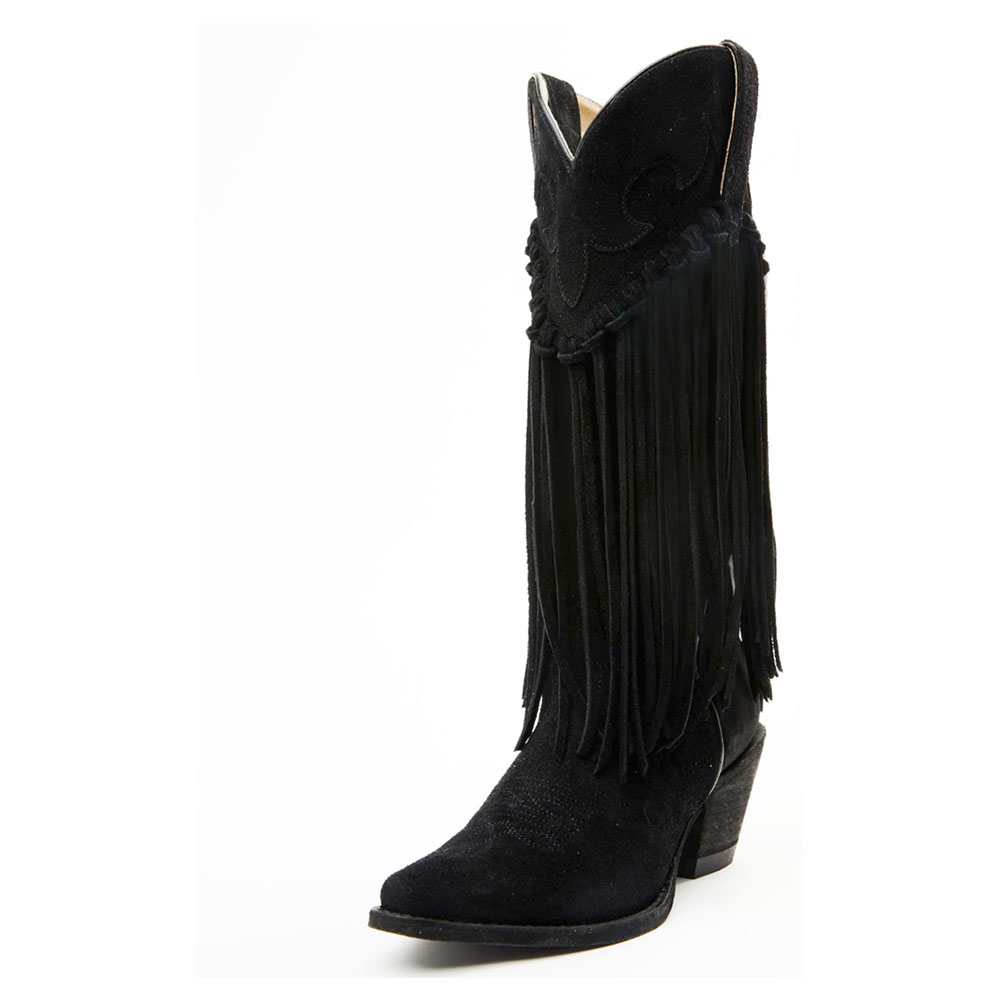 Snip Toe Chunky Heel Wide-Calf Fringe Black Cowboy Boots for Women Nicepairs