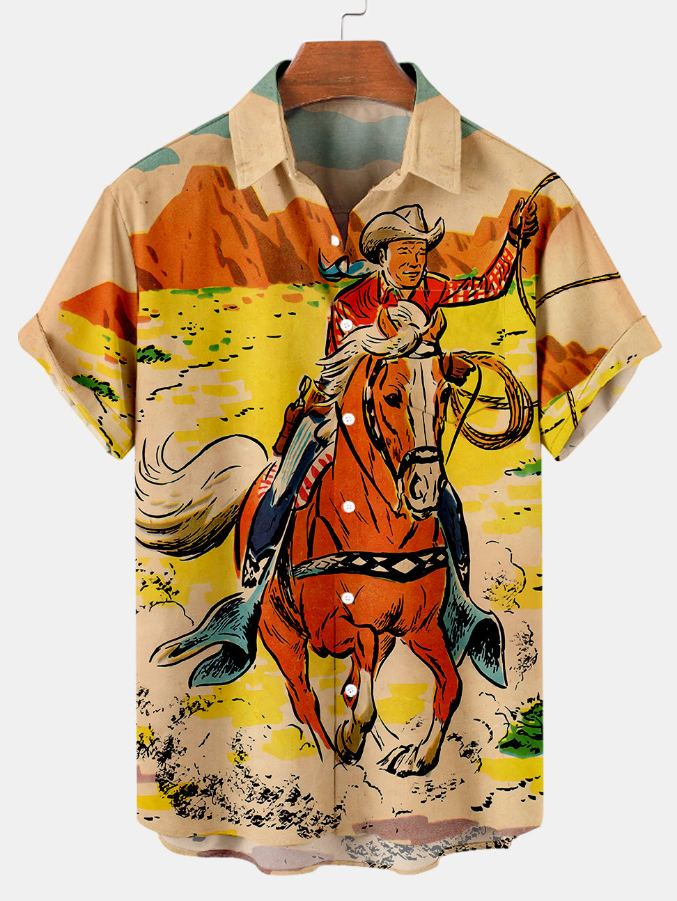 Men's Plus Size Casual Contrast Color Cowboy Movie Illustration Shirt With Pockets PLUSCLOTHESMAN