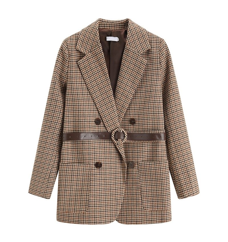 BGTEEVER Vintage Houndstooth Winter Thick Women Jacket Blazer Sashes Plaid Female Suit Jacket with belt Long Sleeve blaser 2021