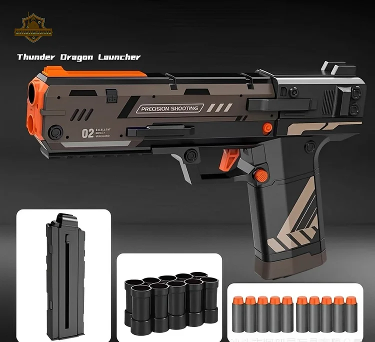 Bronze‑finish toy dart launcher angled three‑quarters toward camera, showing a detachable 12‑round magazine, 12 foam dart tubes, and a set of 12 soft-tip darts in inset thumbnails.