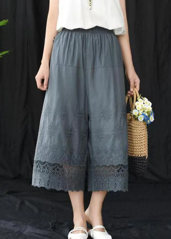 Women Grey Embroidered Elastic Waist Cotton Crop Pants Summer