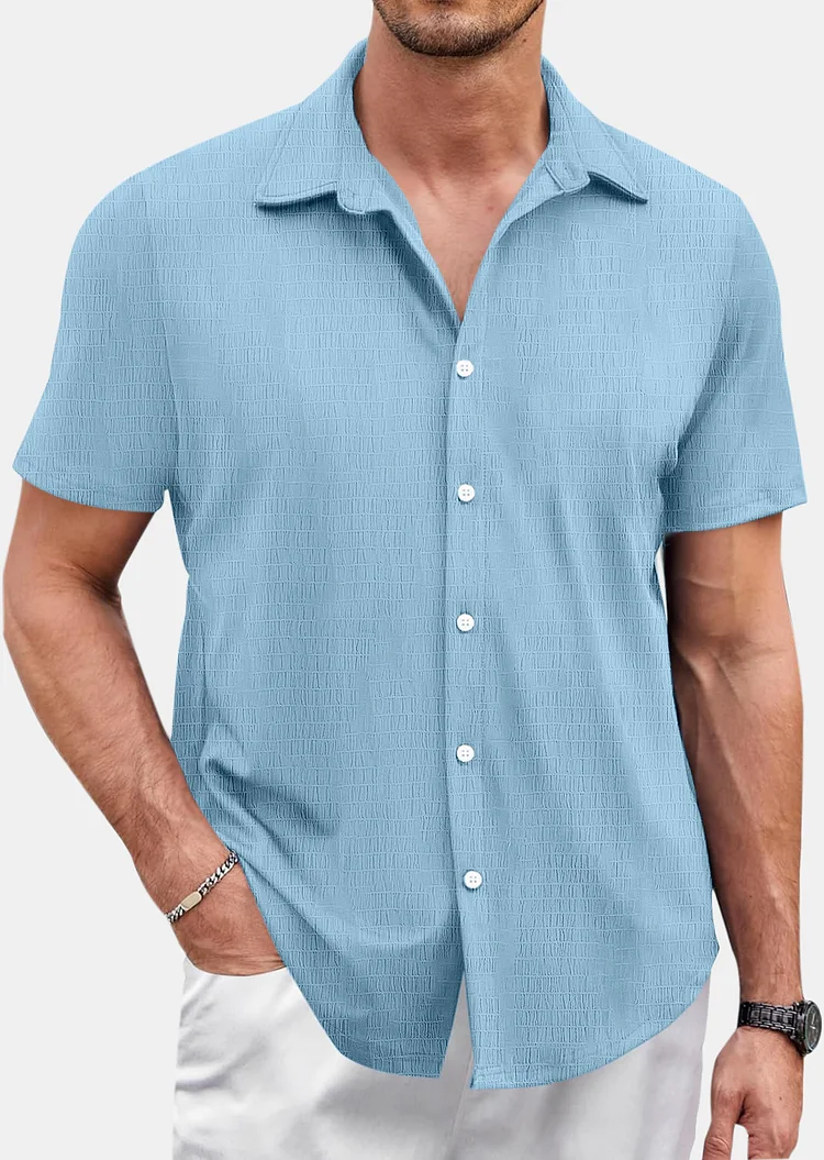 Men's Summer Comfortable Cotton Solid Color Plaid Casual Short Sleeve Shirt