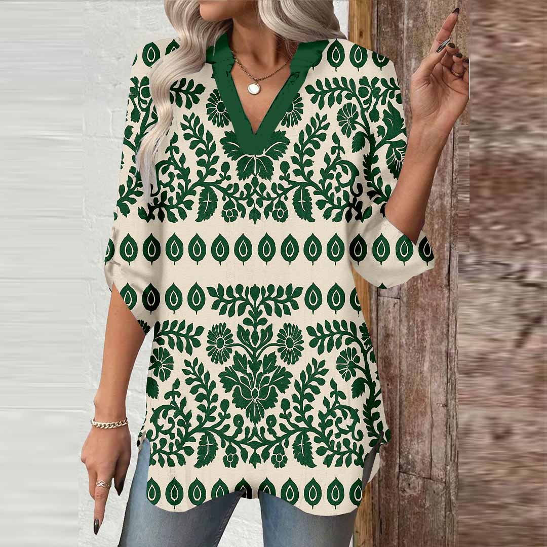 Women Floral, Green DZGA0208 3/4 Sleeve V-neck Printed Graphic Button Tops