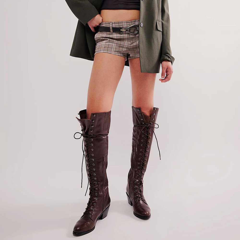 Dark Brown Chunky Heel Over-the-Knee Lace Up Boots with Zipper