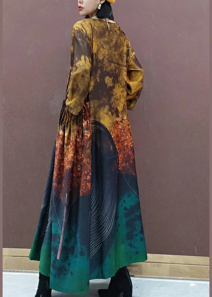 DIY O Neck Large Hem Spring Clothes Tunic Tops Yellow Print Vestidos De Lino Dresses