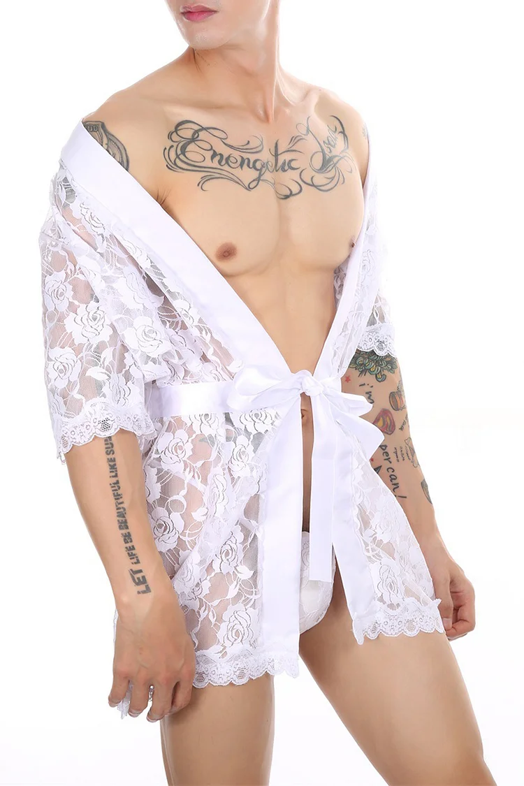 Men's See Through Lace Floral Loose Fit Belt Robe